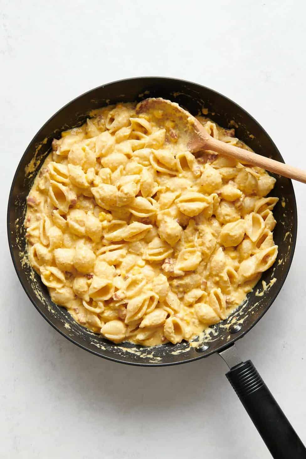 corn pasta cooked and sitting in a pan