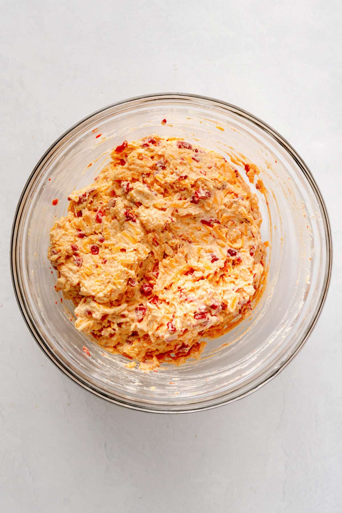 pimento cheese in large glass bowl.
