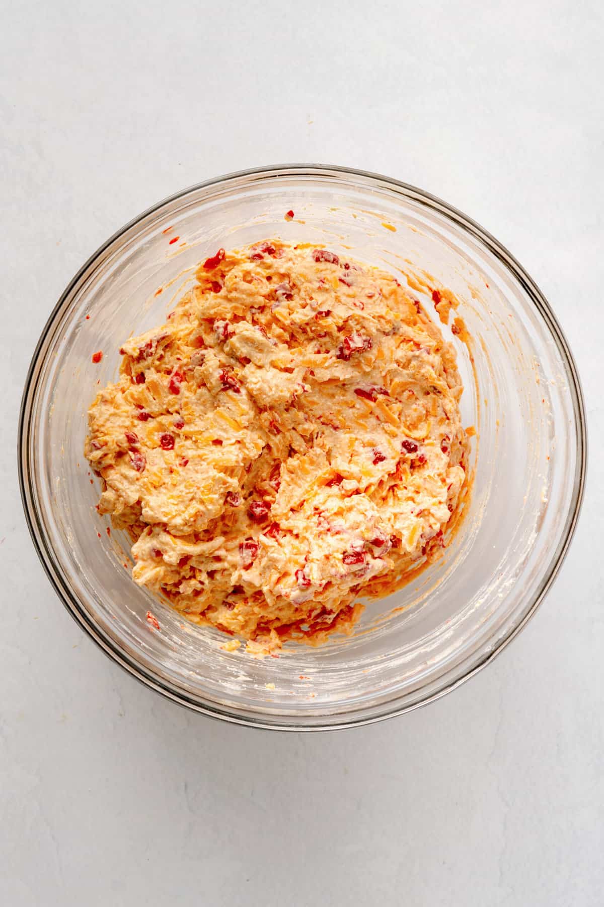 pimento cheese in large glass bowl