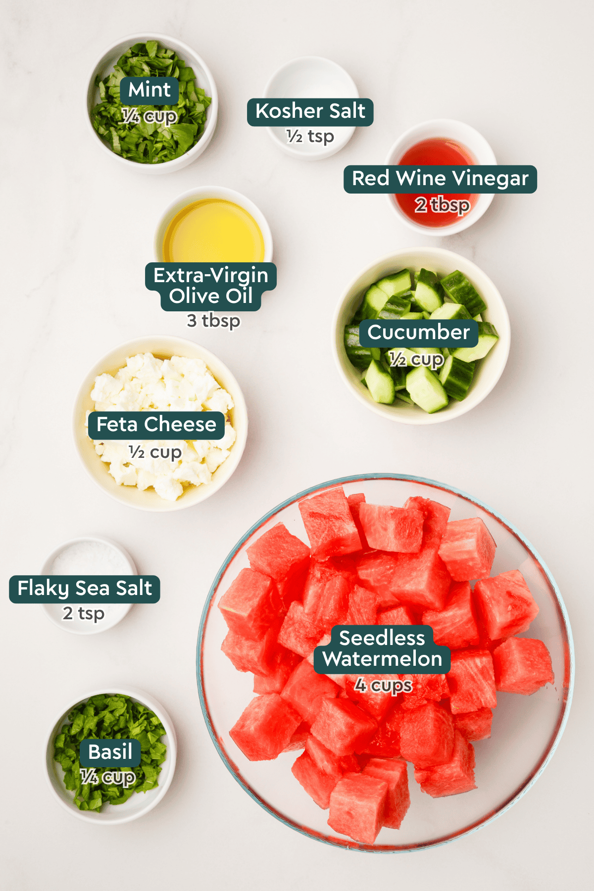 Ingredients for watermelon salad, including mint, vinegar, oil, cucumber, feta, salt, basil.