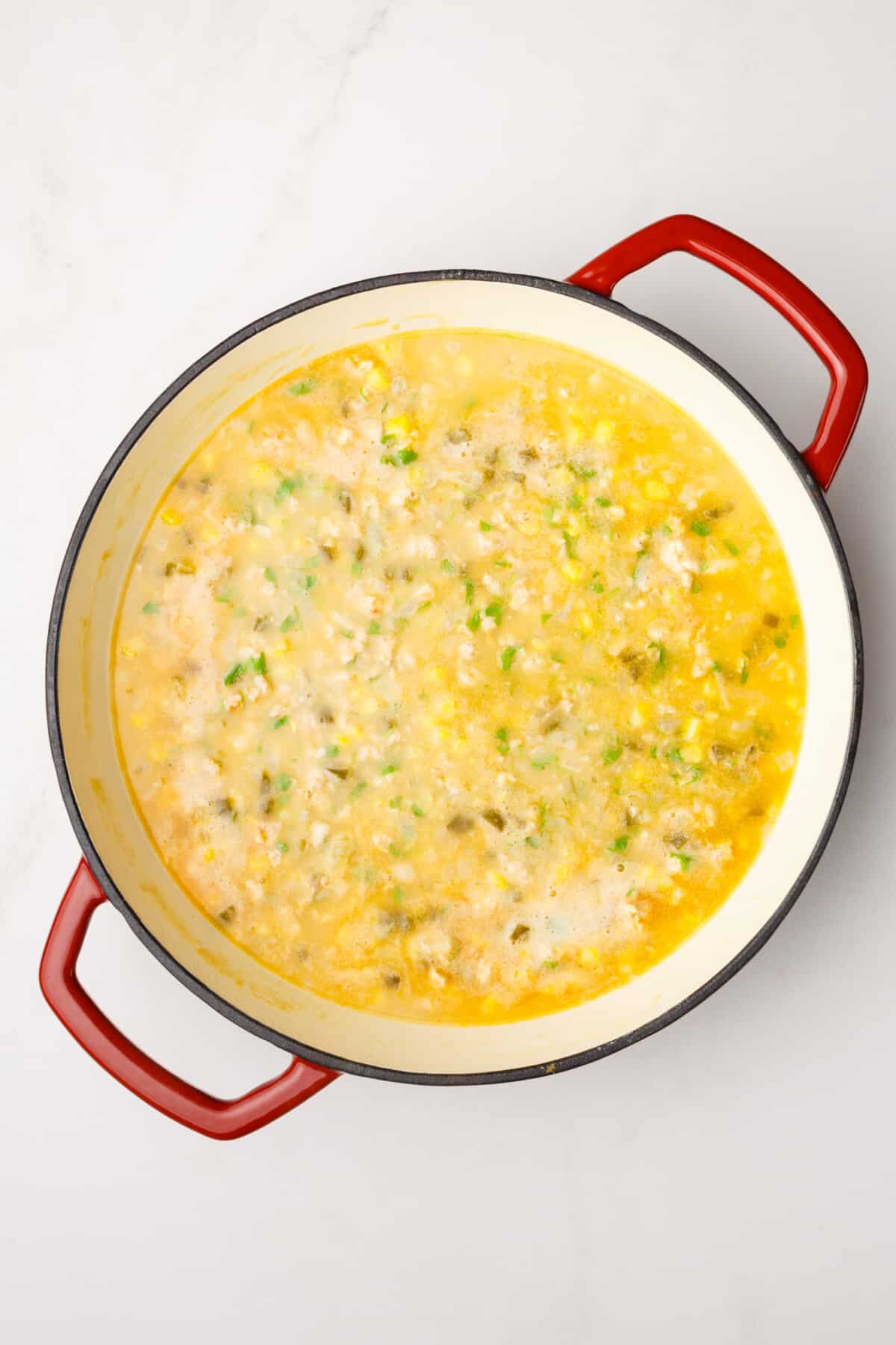 Dutch oven with white bean chicken chili.
