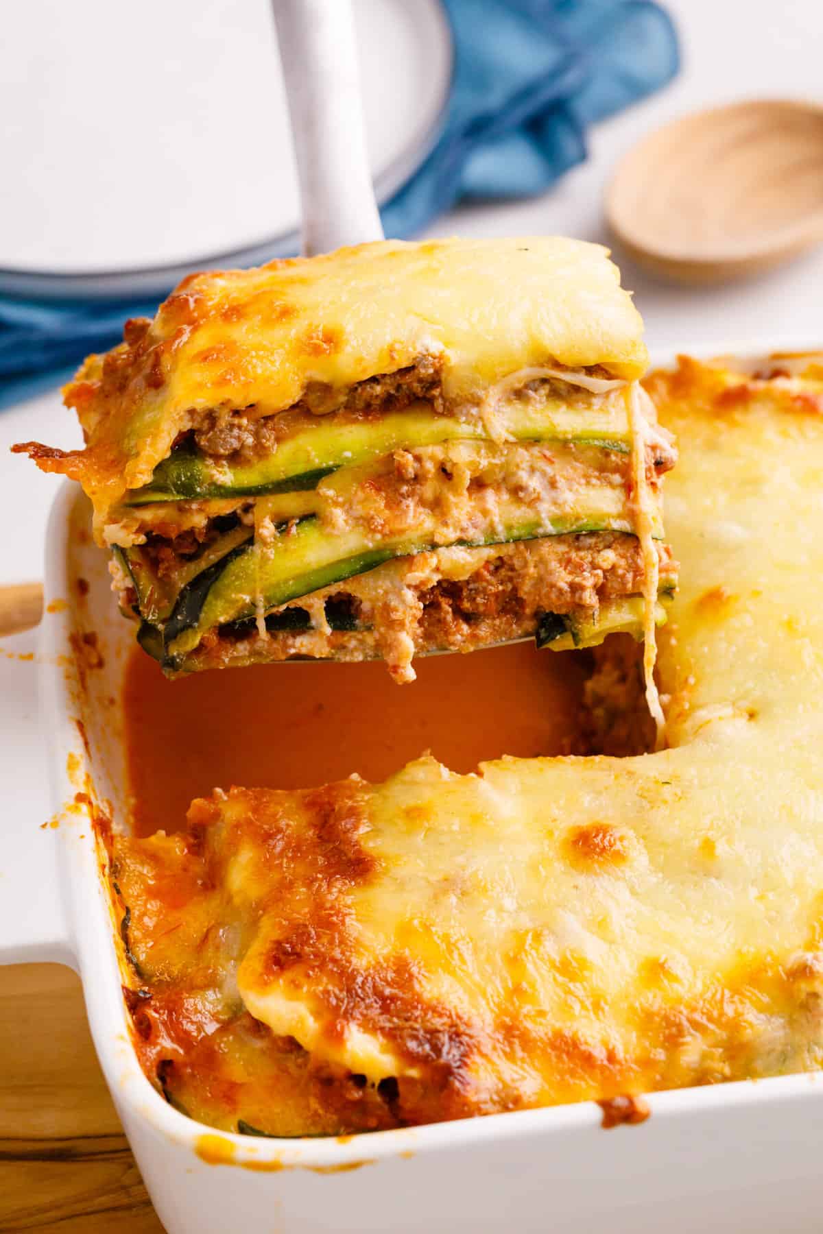 close up image of the cross section of a serving of zucchini lasagna