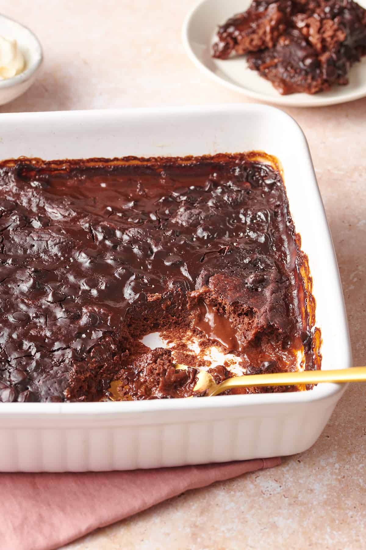 8x8 baking dish with chocolate pudding cake.