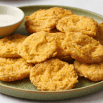 A plate of fried green tomatoes with a bowl of dipping sauce.