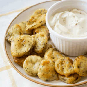A plate of fried pickles with Ranch dipping sauce.
