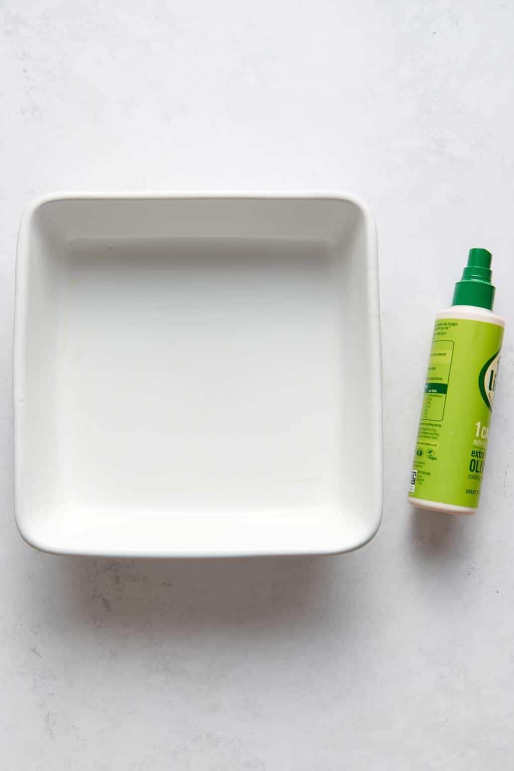 8x8 ceramic baking dish with nonstick spray on the side