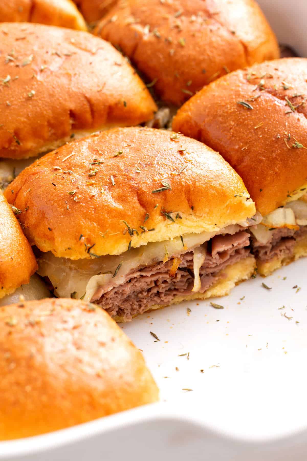 close up image of french dip sliders