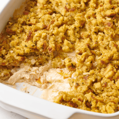Chicken and stuffing casserole in a baking dish.