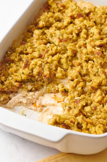 Chicken and stuffing casserole in a baking dish.