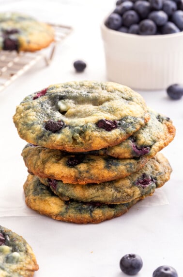 A stack of white chocolate blueberry cookies.