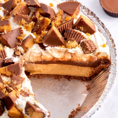 Reese's peanut butter cup pie with a piece missing.