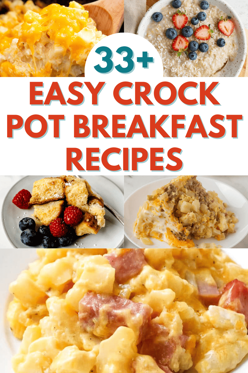 5-image collage of a variety of crock pot breakfast recipes.