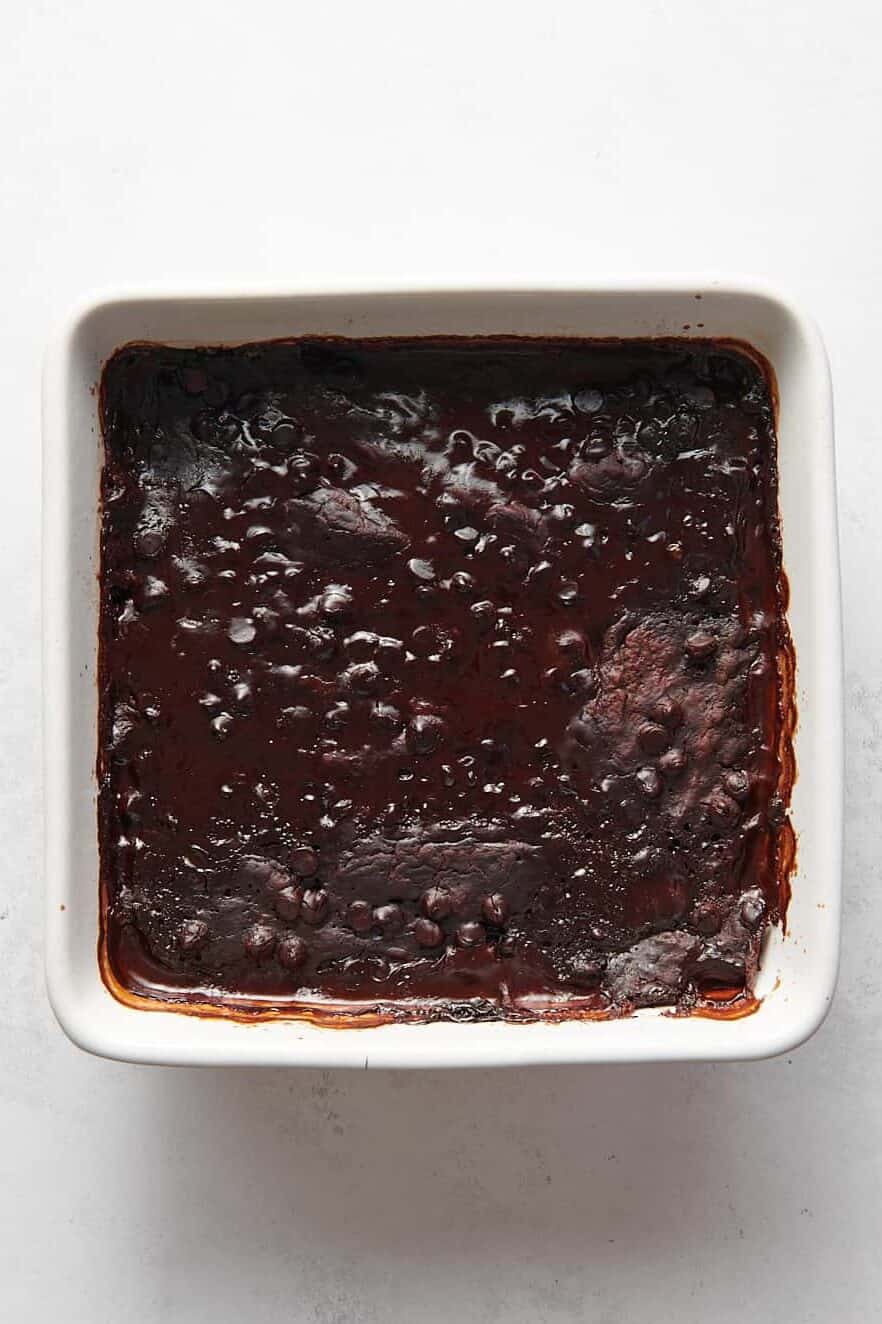 baked chocolate pudding cake in an 8x8 baking dish.
