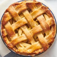 A Granny Smith apple pie with a lattice crust topping.
