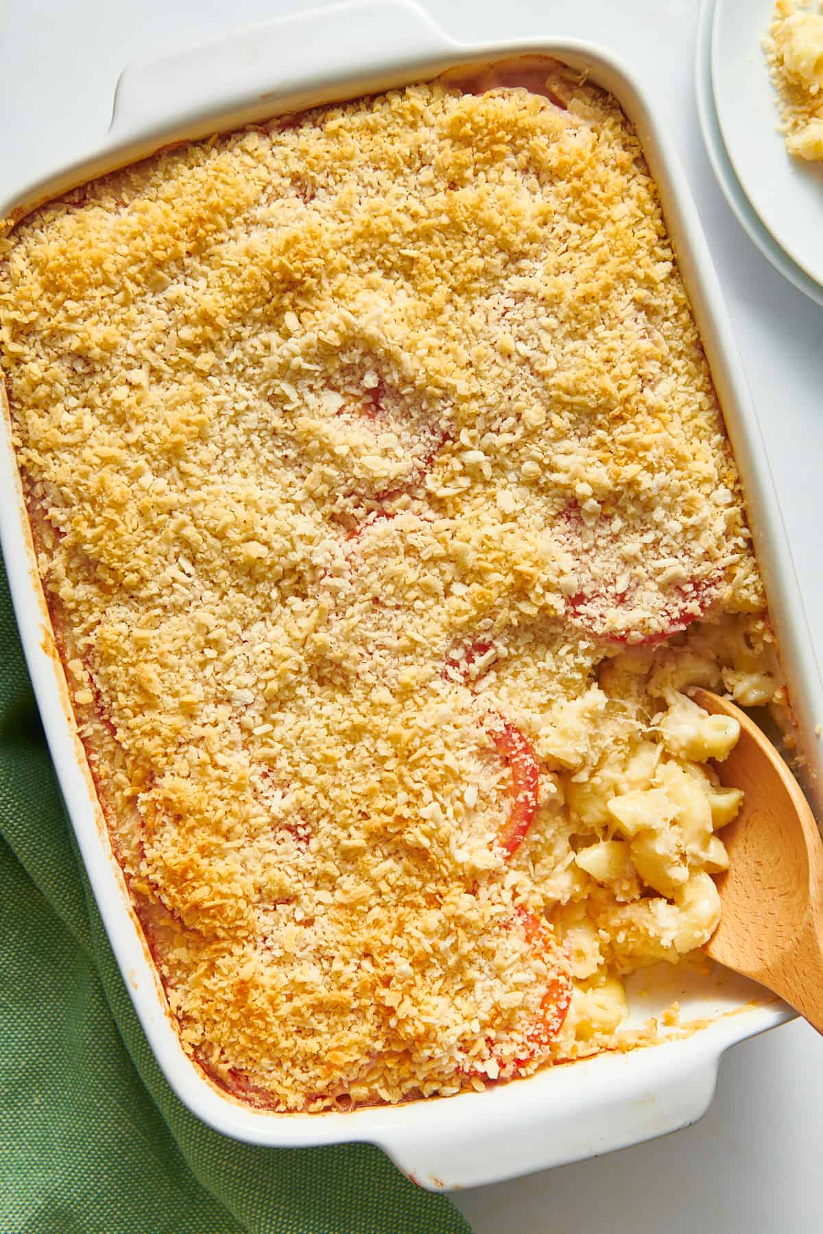 top down image of ina garten mac and cheese in a 9x13 casserole dish. 