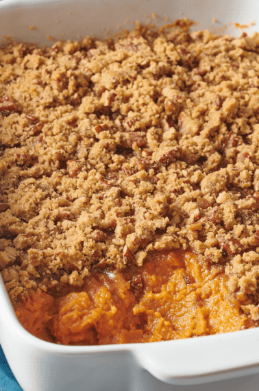 A baking dish full of Paula Deen sweet potato casserole.