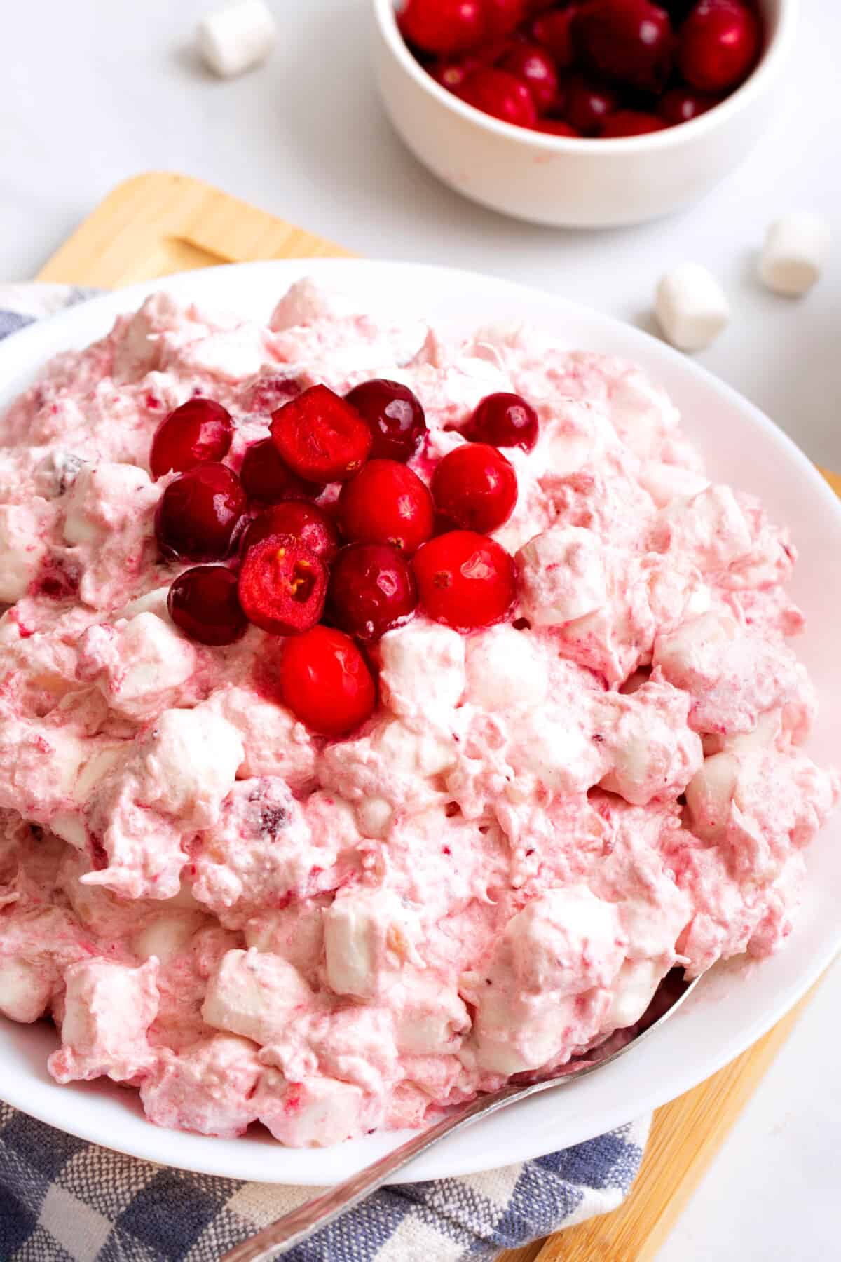 A bowl of cranberry fluff topped with fresh cranberries.