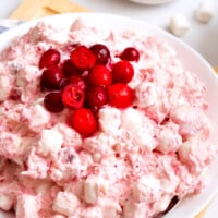 A bowl of cranberry fluff topped with fresh cranberries.