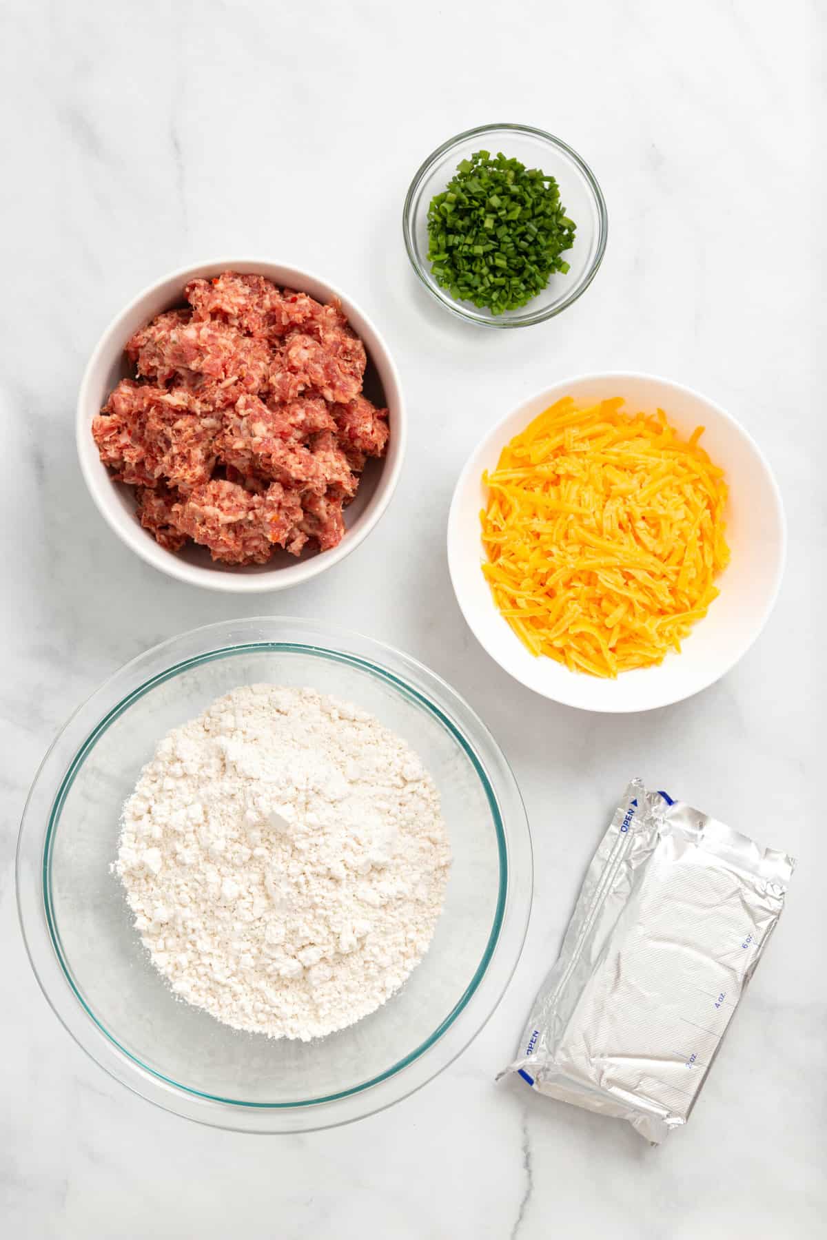 ingredients to make cream cheese sausage balls. 