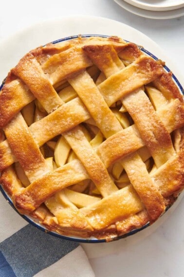 A Granny Smith apple pie with a lattice crust topping.