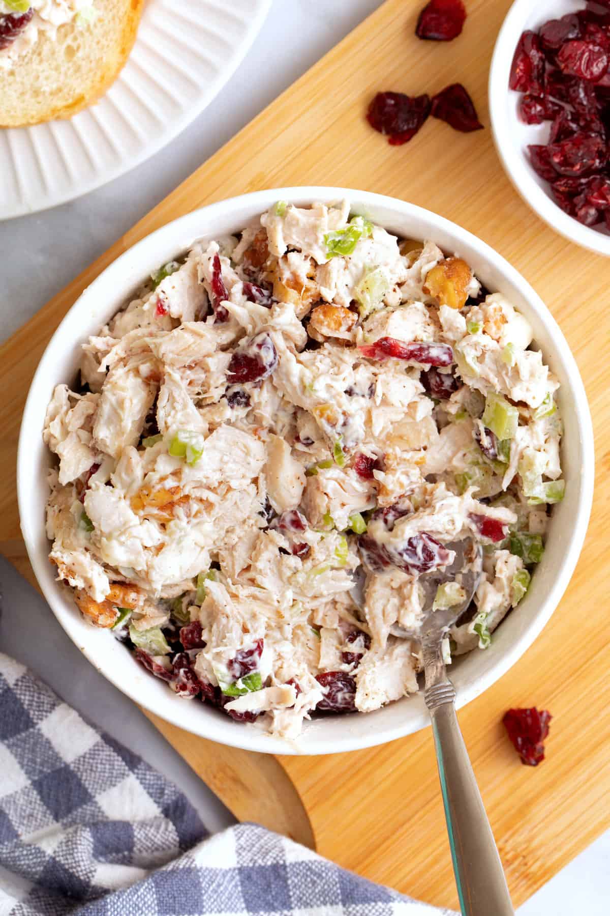 top down image of a bowl of chicken cranberry salad. 