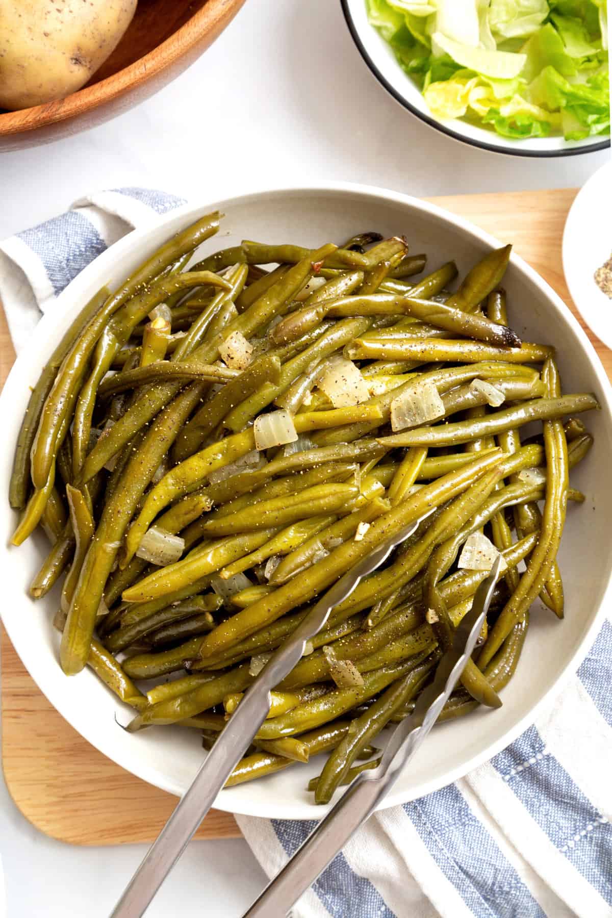 top down image of a plate of slow cooker green beans. 