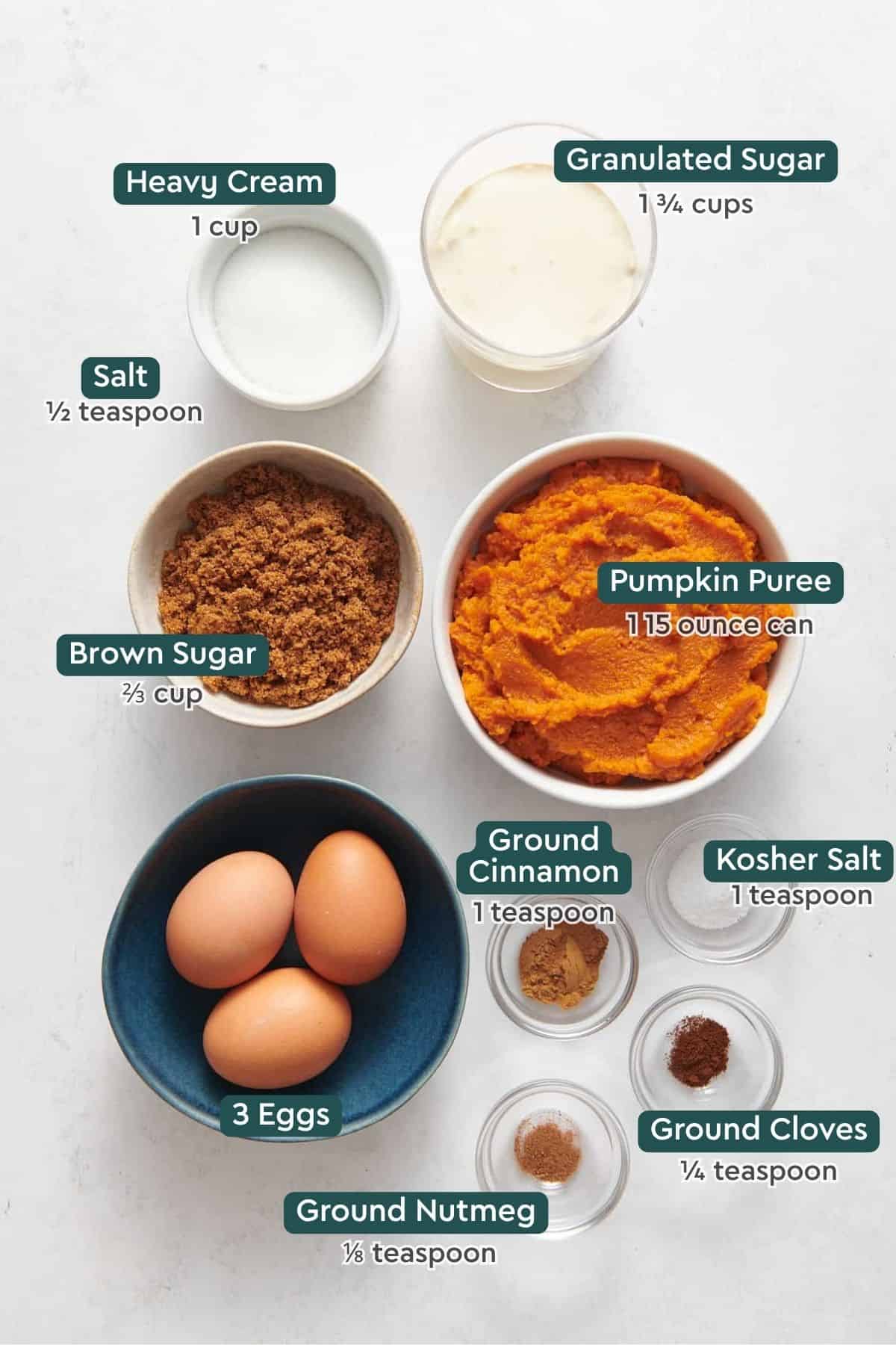 Ingredients for pumpkin cobbler filling: heavy cream, sugar, salt, brown sugar, pumpkin, cloves, nutmeg, eggs.