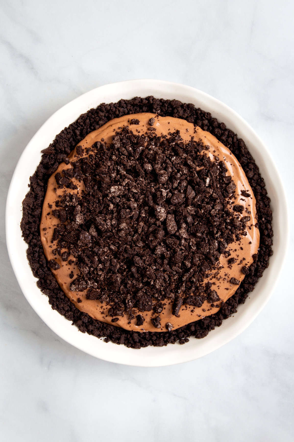 top down image of finished oreo dirt pie. 