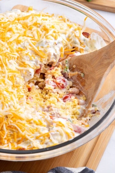 southern cornbread salad in a glass bowl.