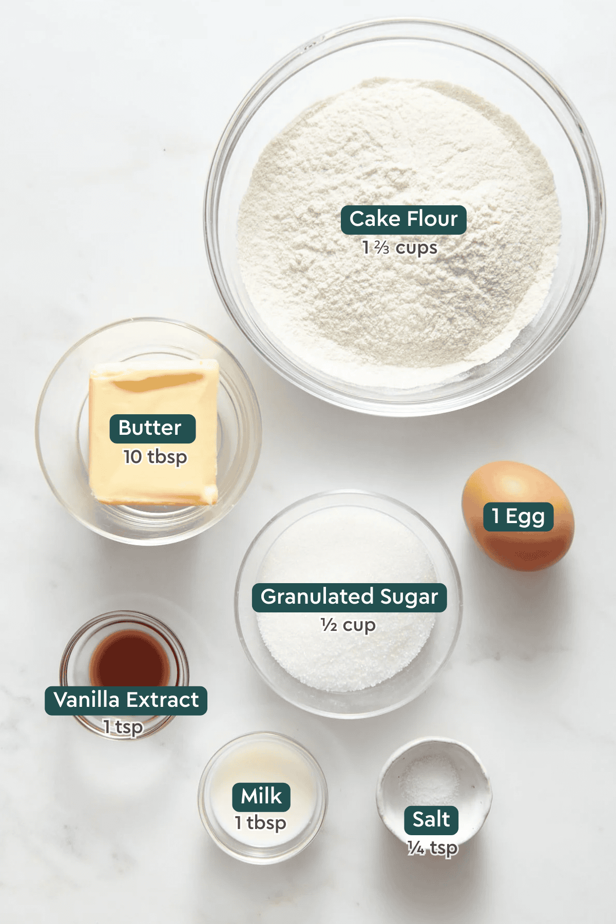 Ingredients for Christmas butter cookies recipe including flour, egg, butter, sugar, vanilla, milk, and salt.