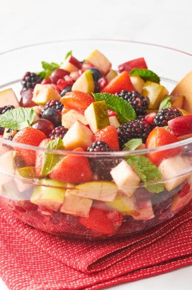 A bowl of Christmas fruit salad.