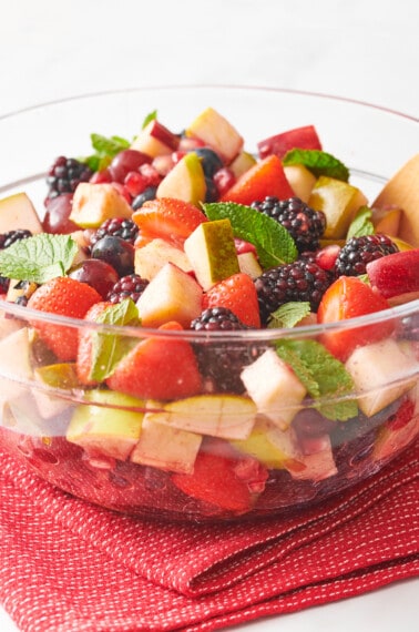 A bowl of Christmas fruit salad.