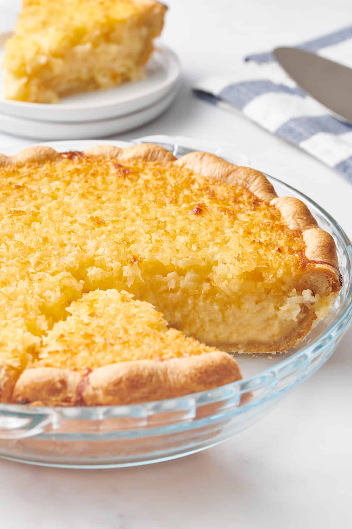 close up image of old fashioned coconut pie. 
