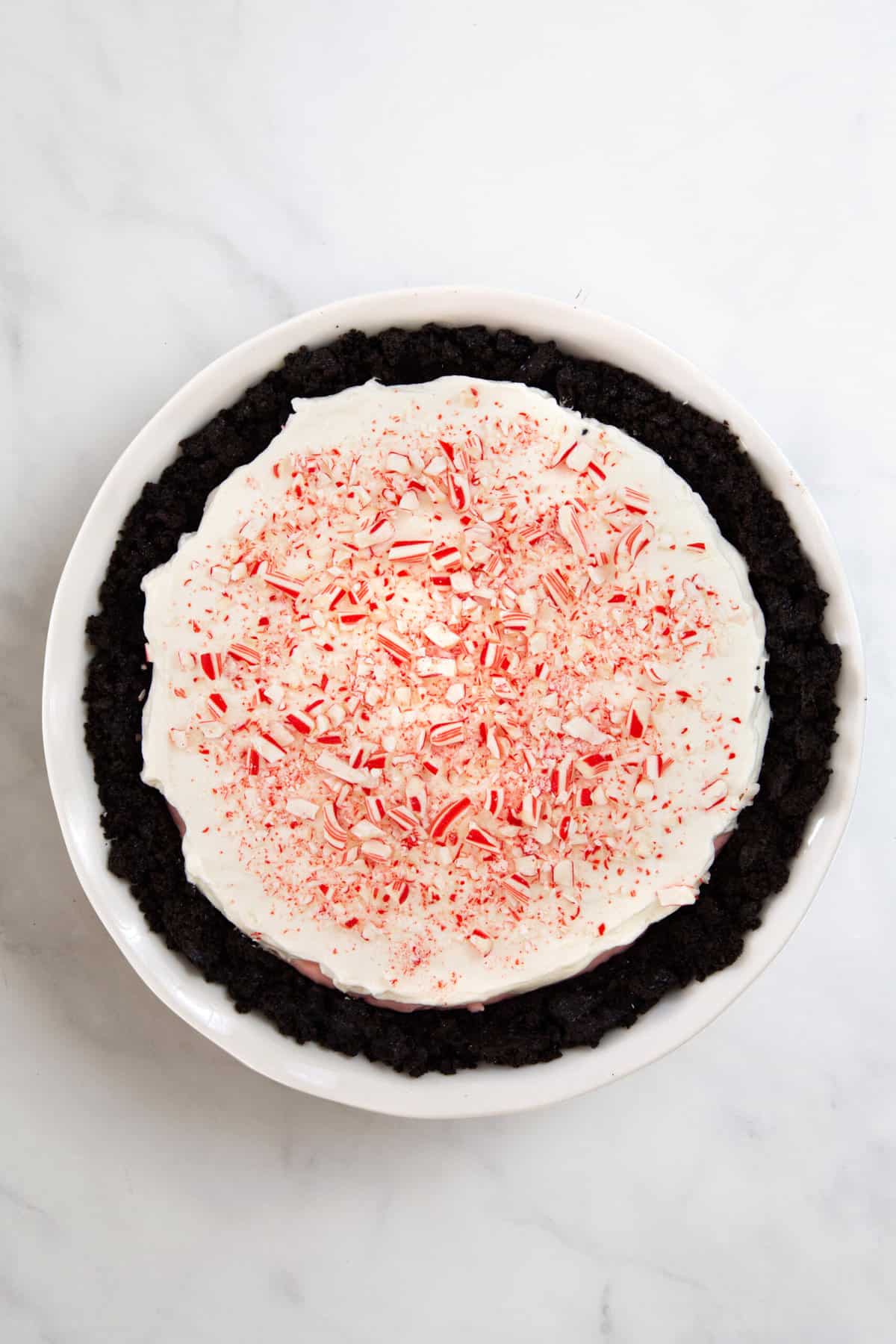 top down image of candy cane pie. 