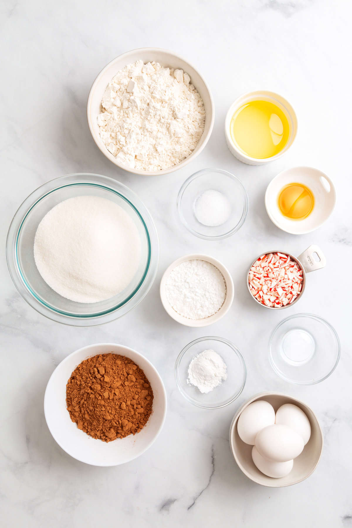 ingredients to make chocolate peppermint crinkle cookies. 