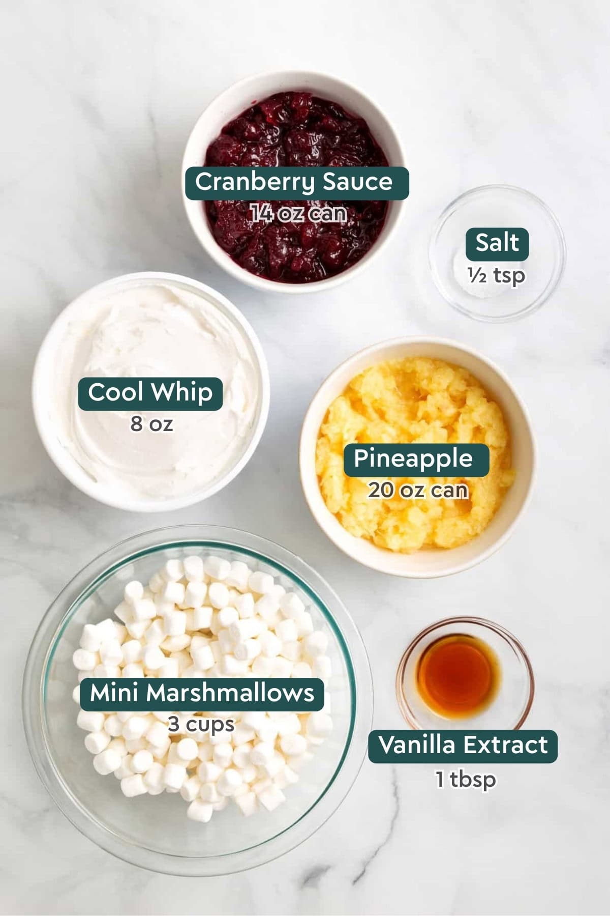 Ingredients needed to make cranberry fluff.