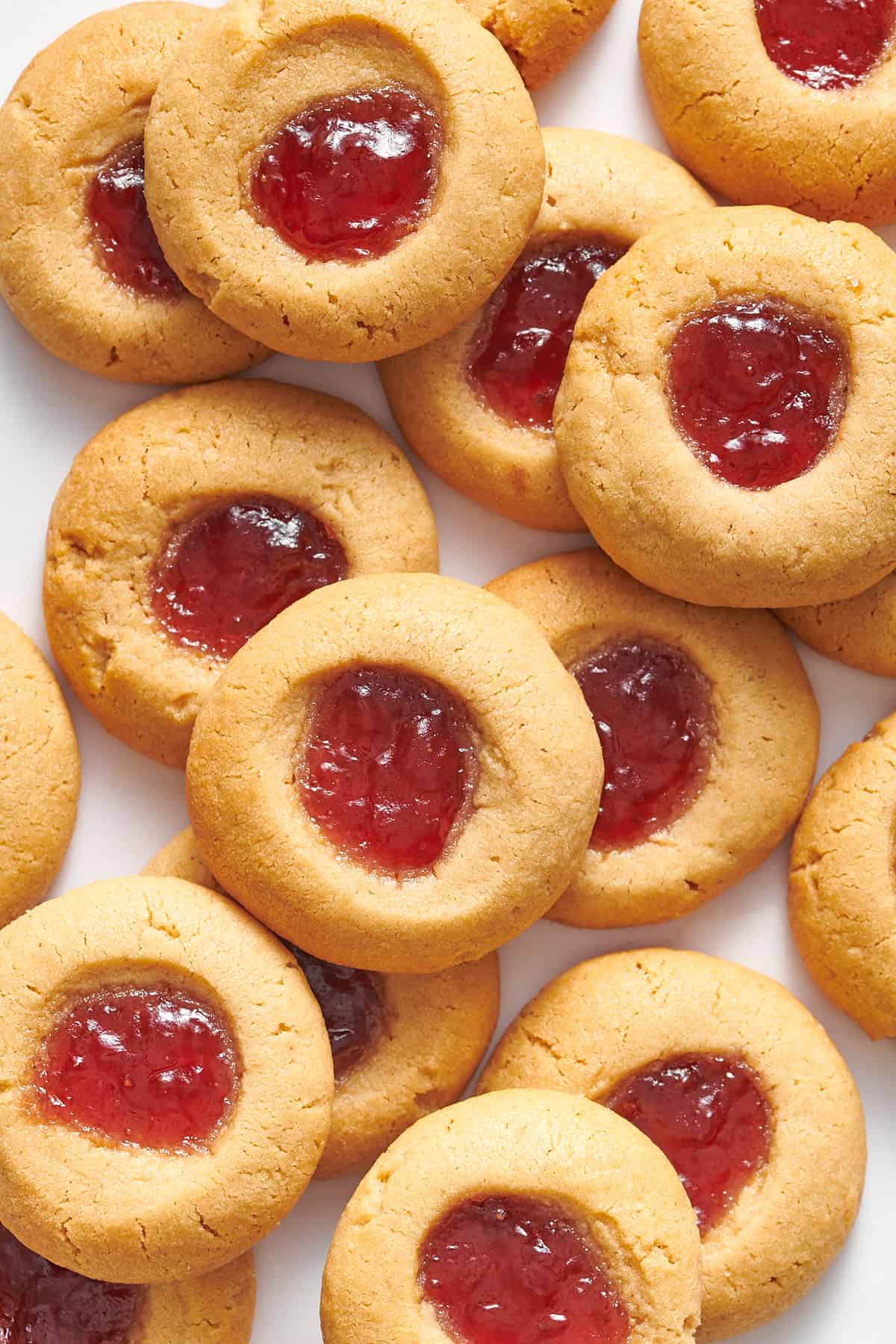 top down image of a pile of thumbprint cookies. 