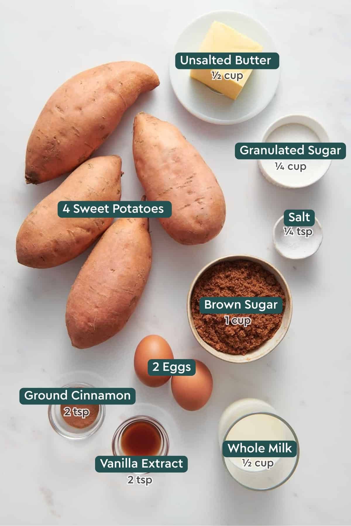Ingredients for sweet potato souffle: butter, sugar, salt, sweet potatoes, cinnamon, eggs, brown sugar, milk, and vanilla.