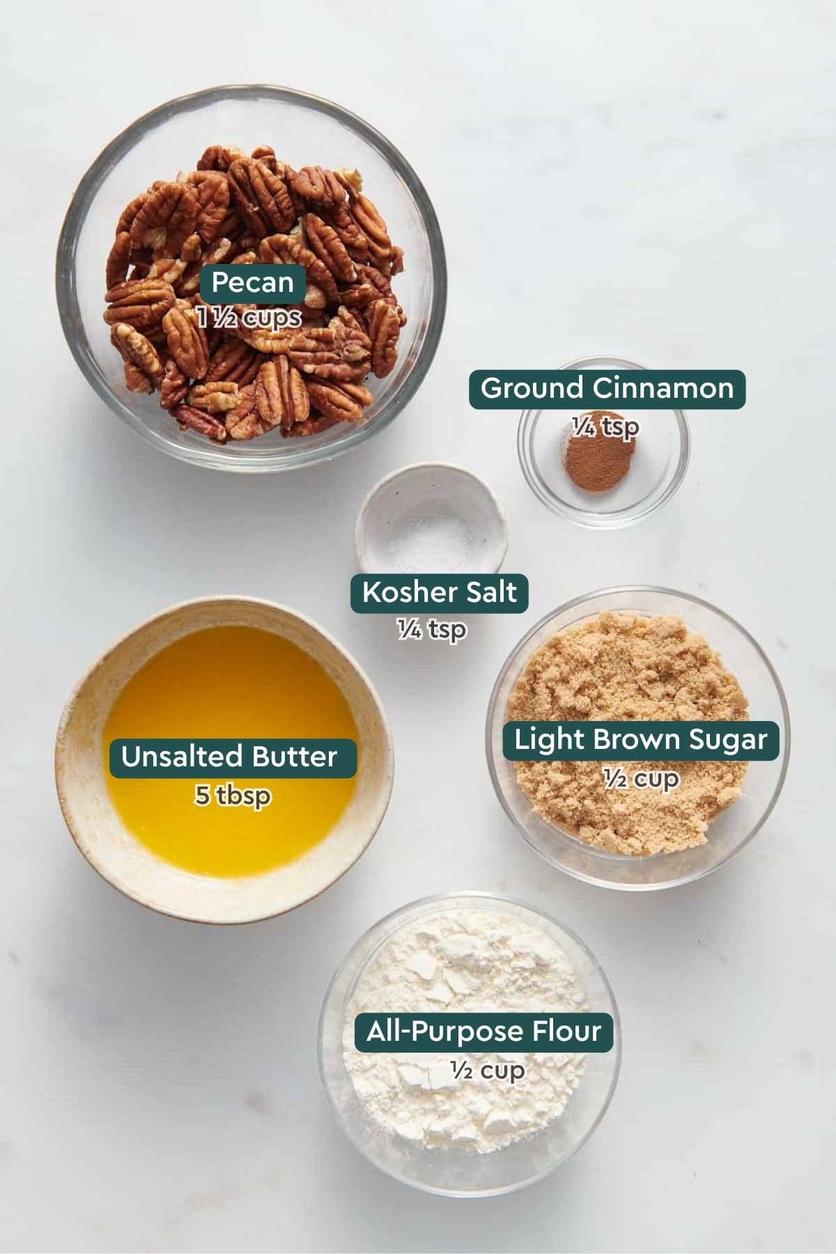 Ingredients for sweet potato souffle topping: pecans, cinnamon, salt, brown sugar, butter, flour.