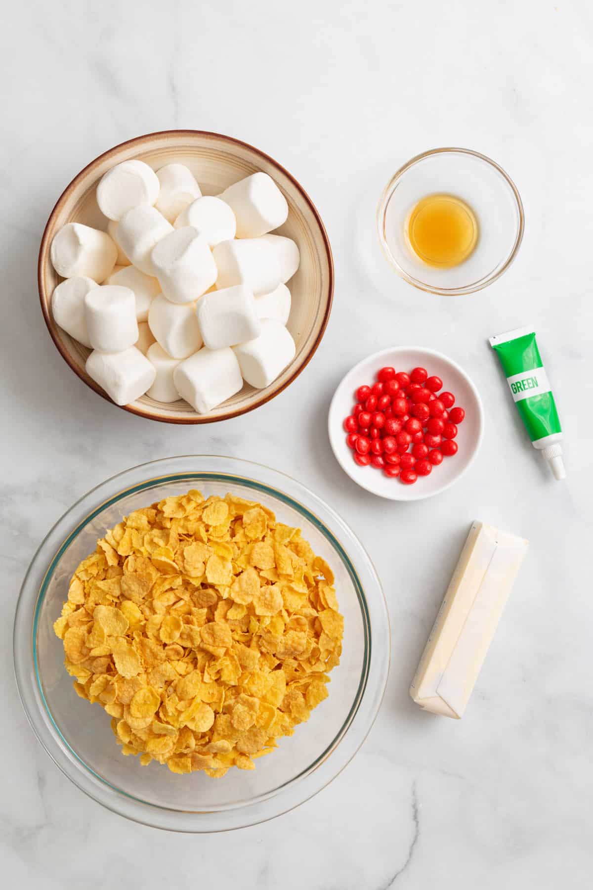 ingredients to make Christmas Wreath Cornflake Cookies.