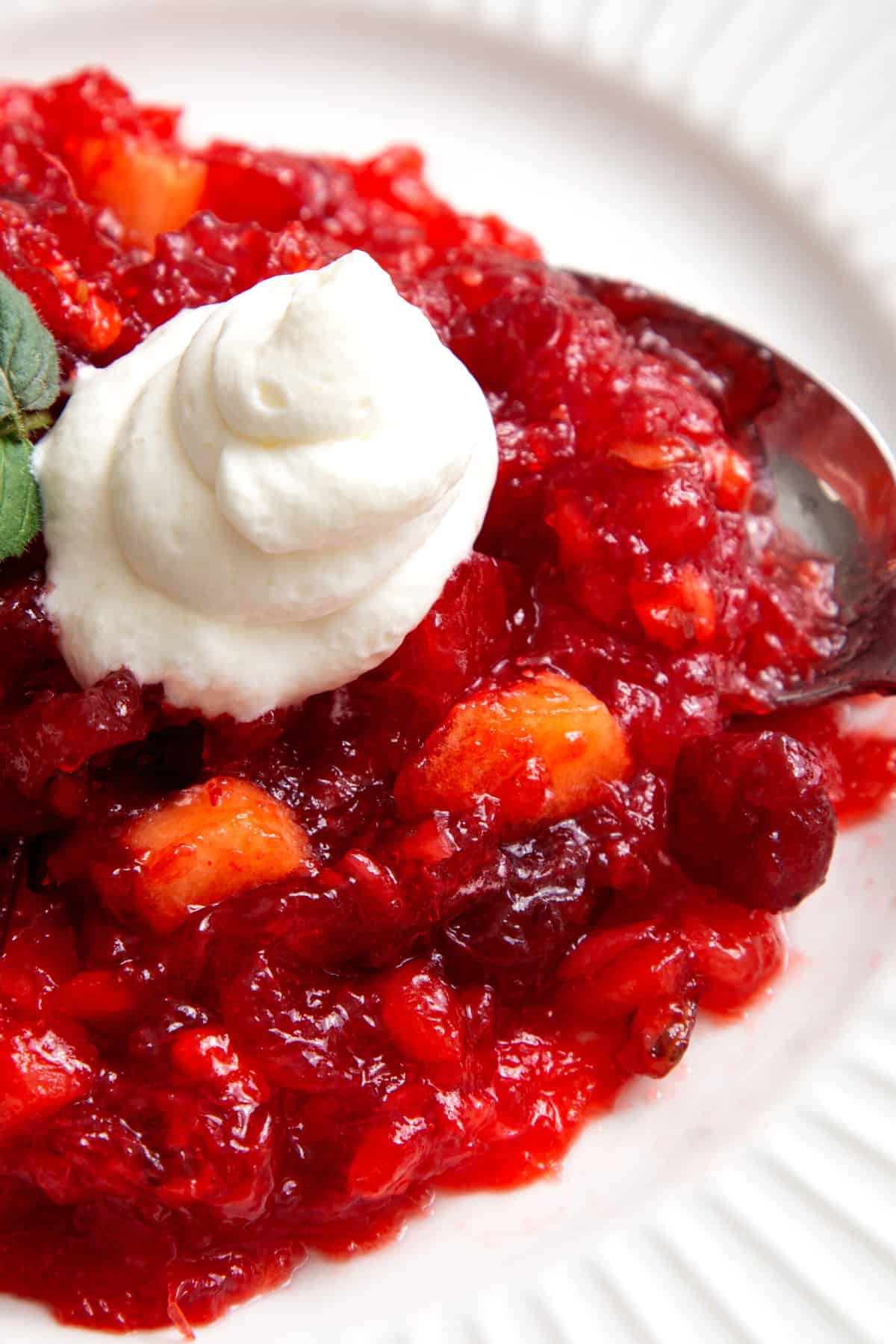 close up image of a serving of cranberry jello salad. 