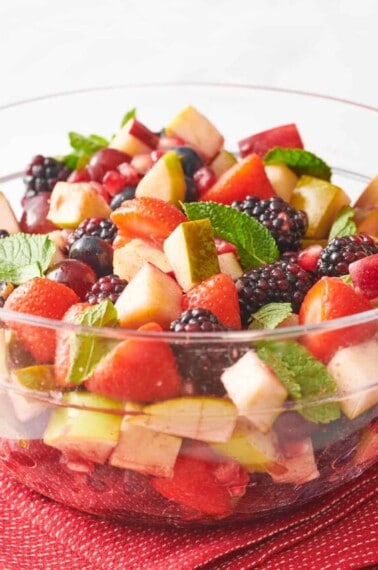 A bowl of Christmas fruit salad.