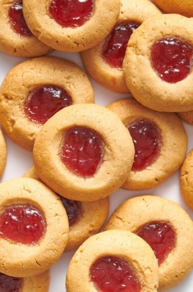Peanut butter thumbprint cookies with a jam center.