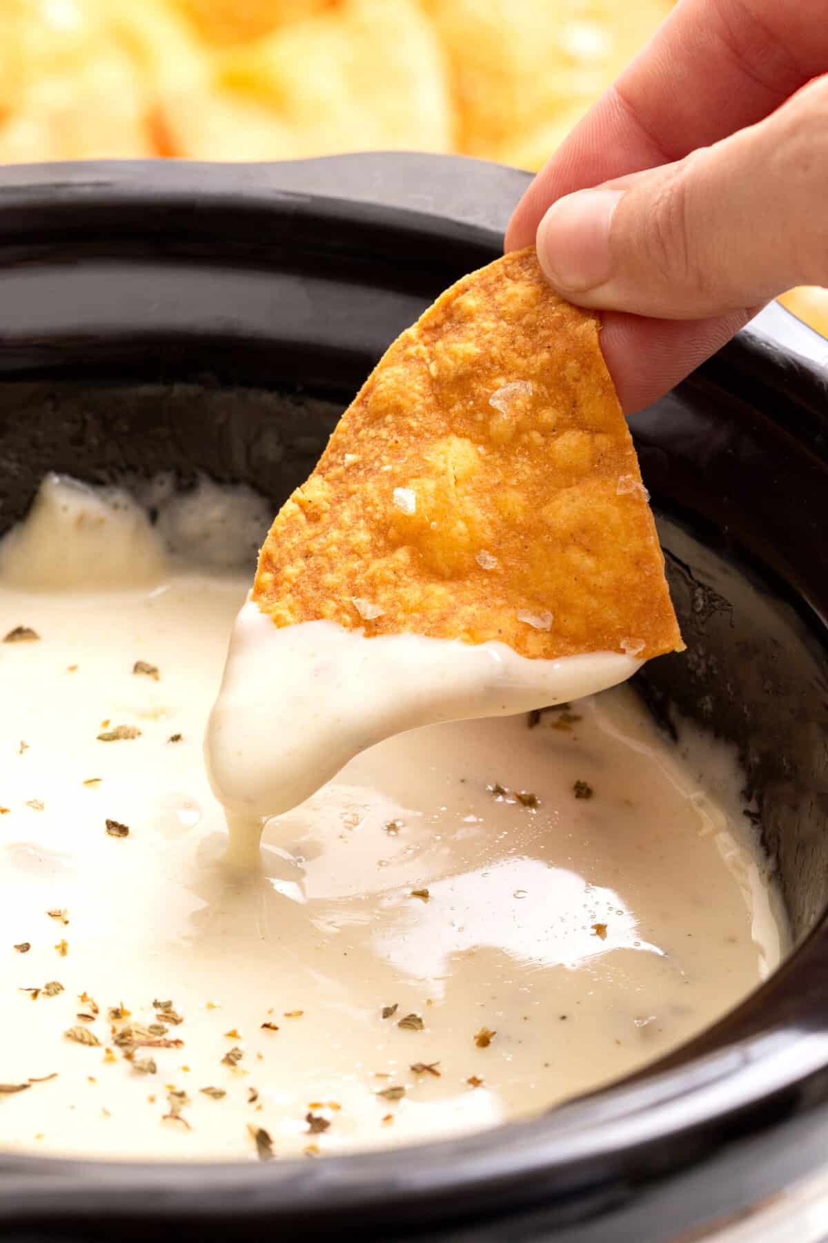 close up image of a tortilla chip dipping into velvetta queso blanco in a slow cooker. 