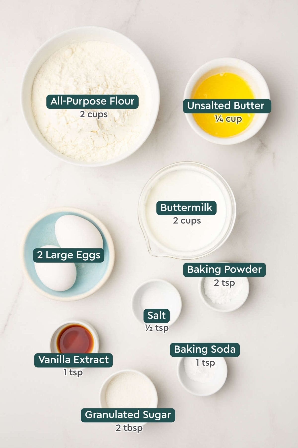 Ingredients for buttermilk waffles, including flour, butter, buttermilk, eggs, baking powder, baking soda, salt, vanilla, sugar.