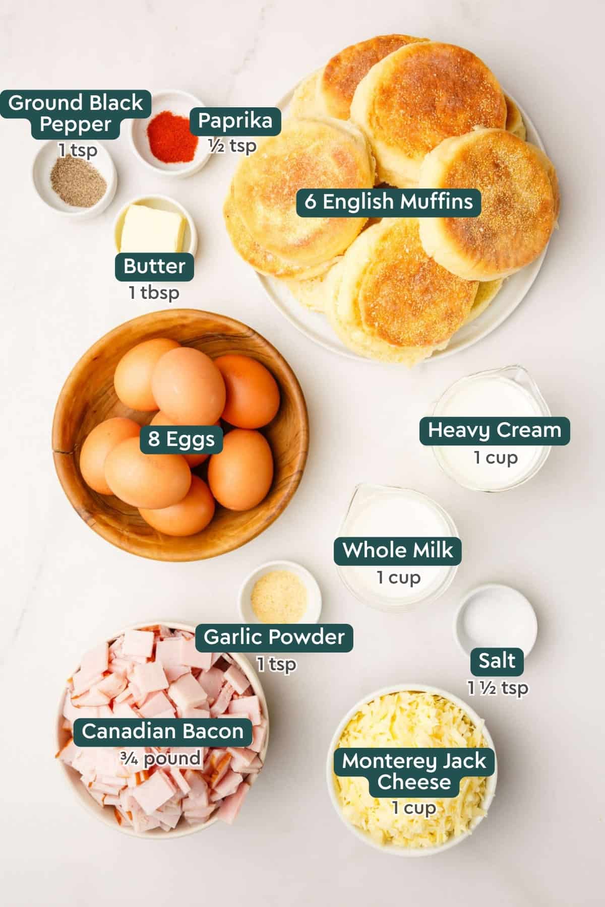 Ingredients for eggs benedict casserole, including pepper, salt, butter, paprika, English muffins, eggs, cream, milk, garlic powder, bacon, cheese.