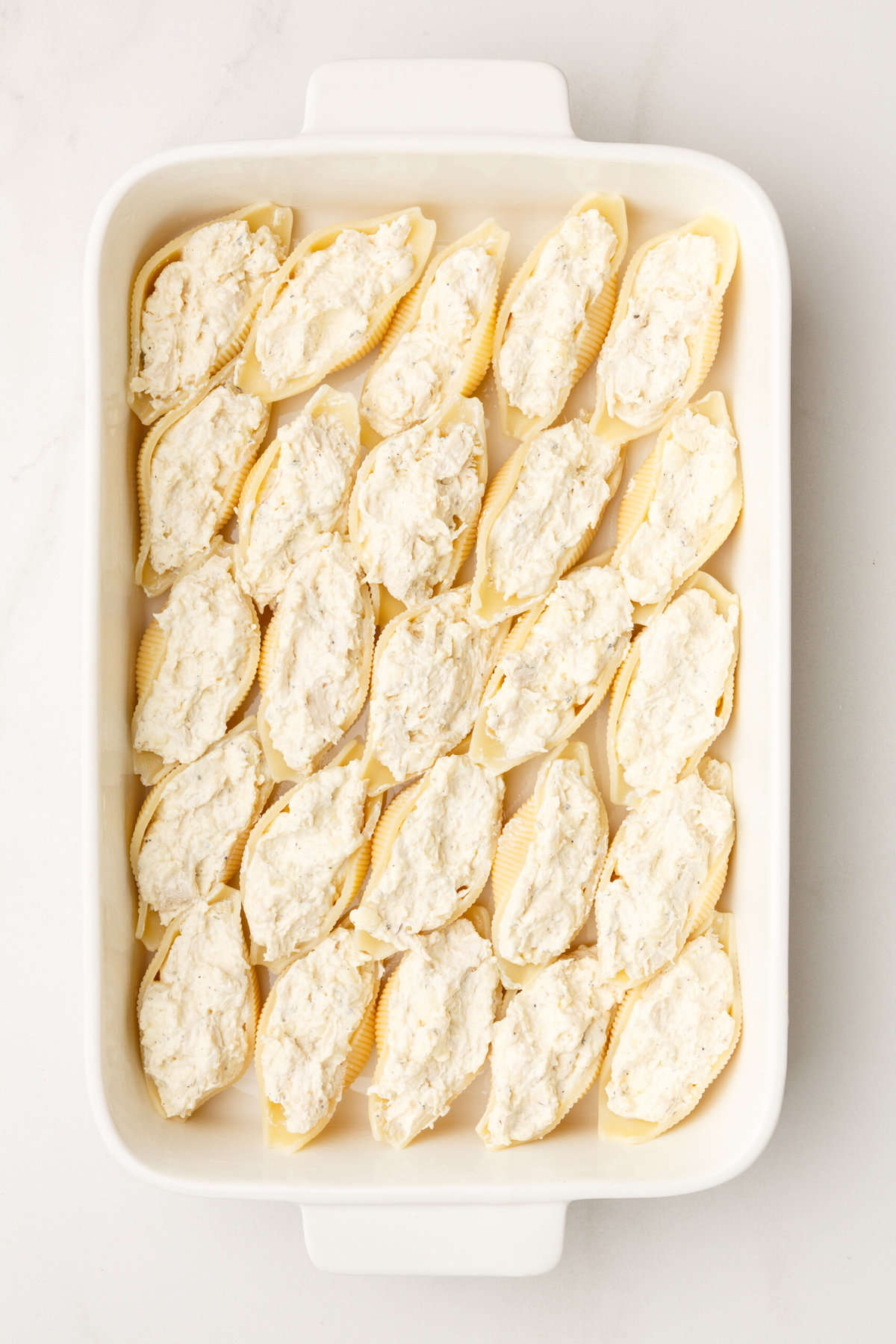 top down image of unbaked chicken alfredo stuffed shells in a 9x13 inch casserole dish. 