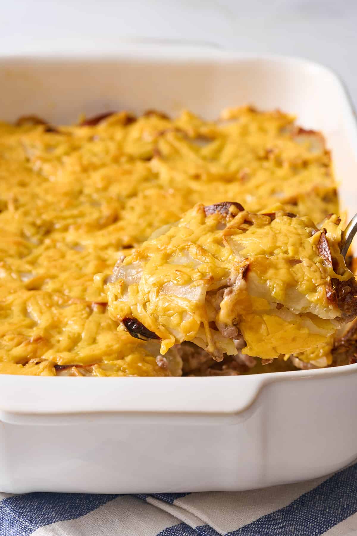 close up image of hamburger and potato casserole. 