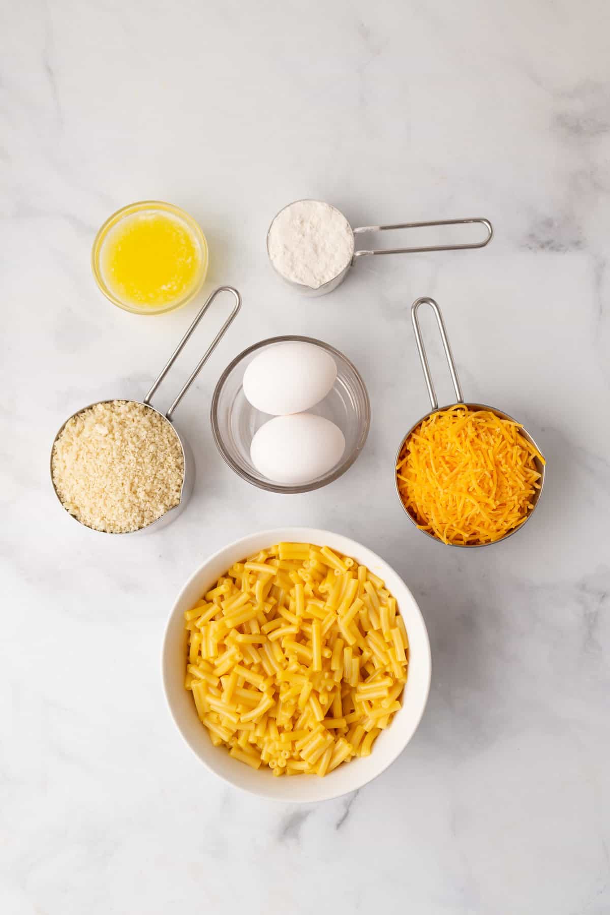 ingredients to make mac and cheese bites. 