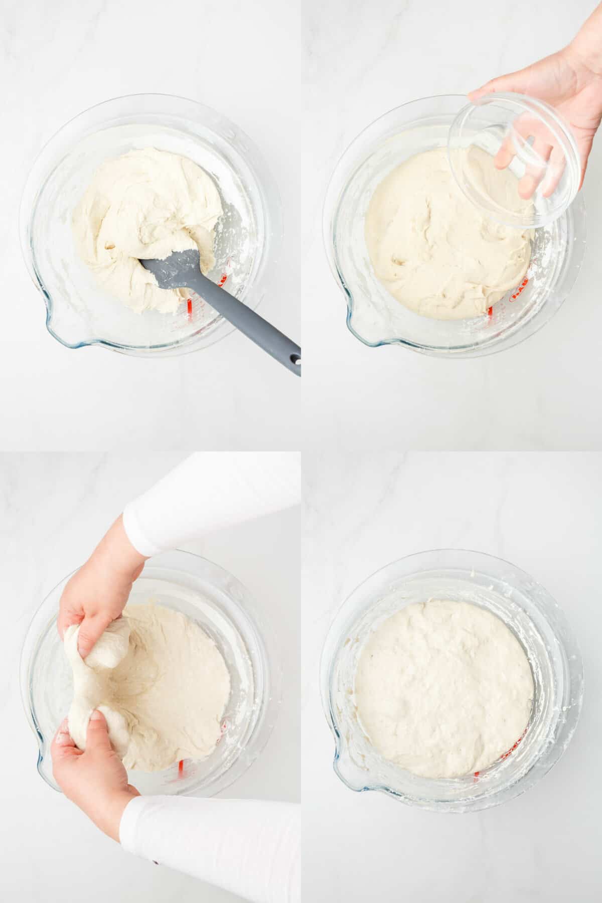 Four images showing the process of shaping sourdough dough.